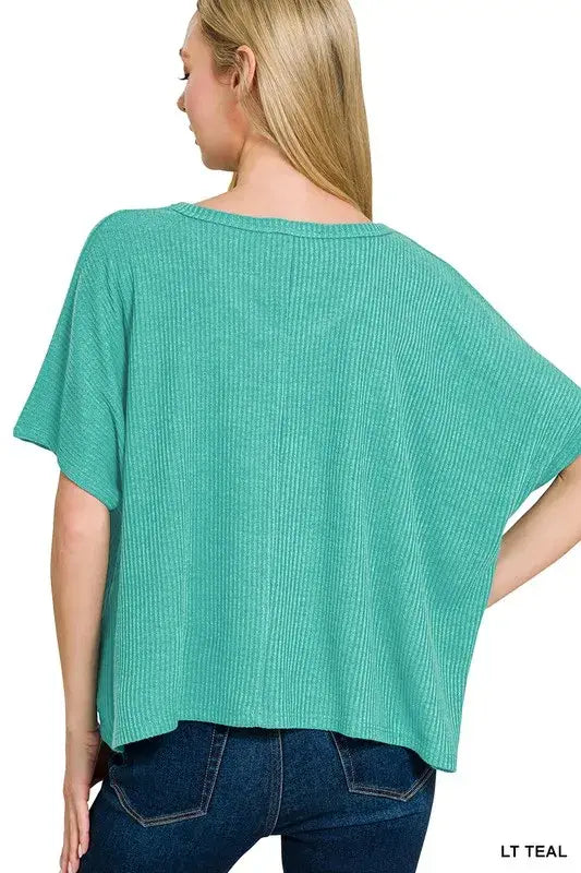 Zenana Ribbed V-Neck Short-Sleeve Knit Top - Trendsi - Flyclothing LLC