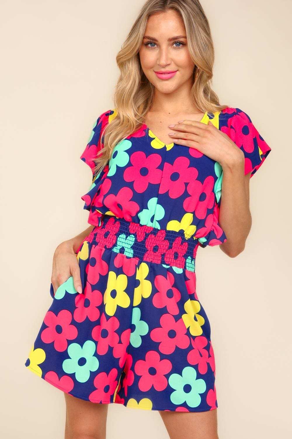 Haptics Floral Smocked Waist Romper with Side Pockets - Trendsi - Flyclothing LLC