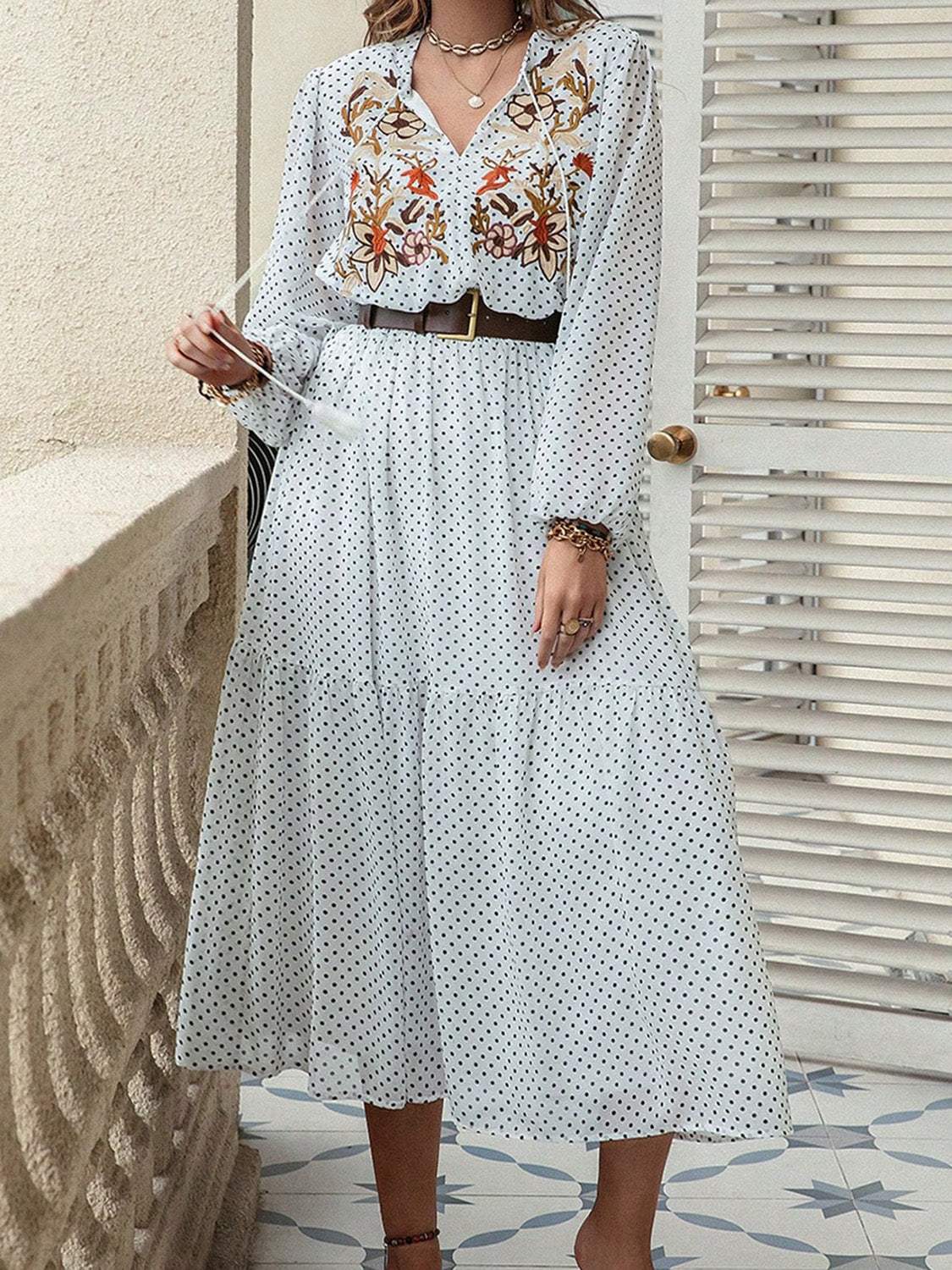 Plus Size Printed Tie Neck Long Sleeve Midi Dress - Trendsi - Flyclothing LLC