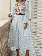 Plus Size Printed Tie Neck Long Sleeve Midi Dress - Trendsi