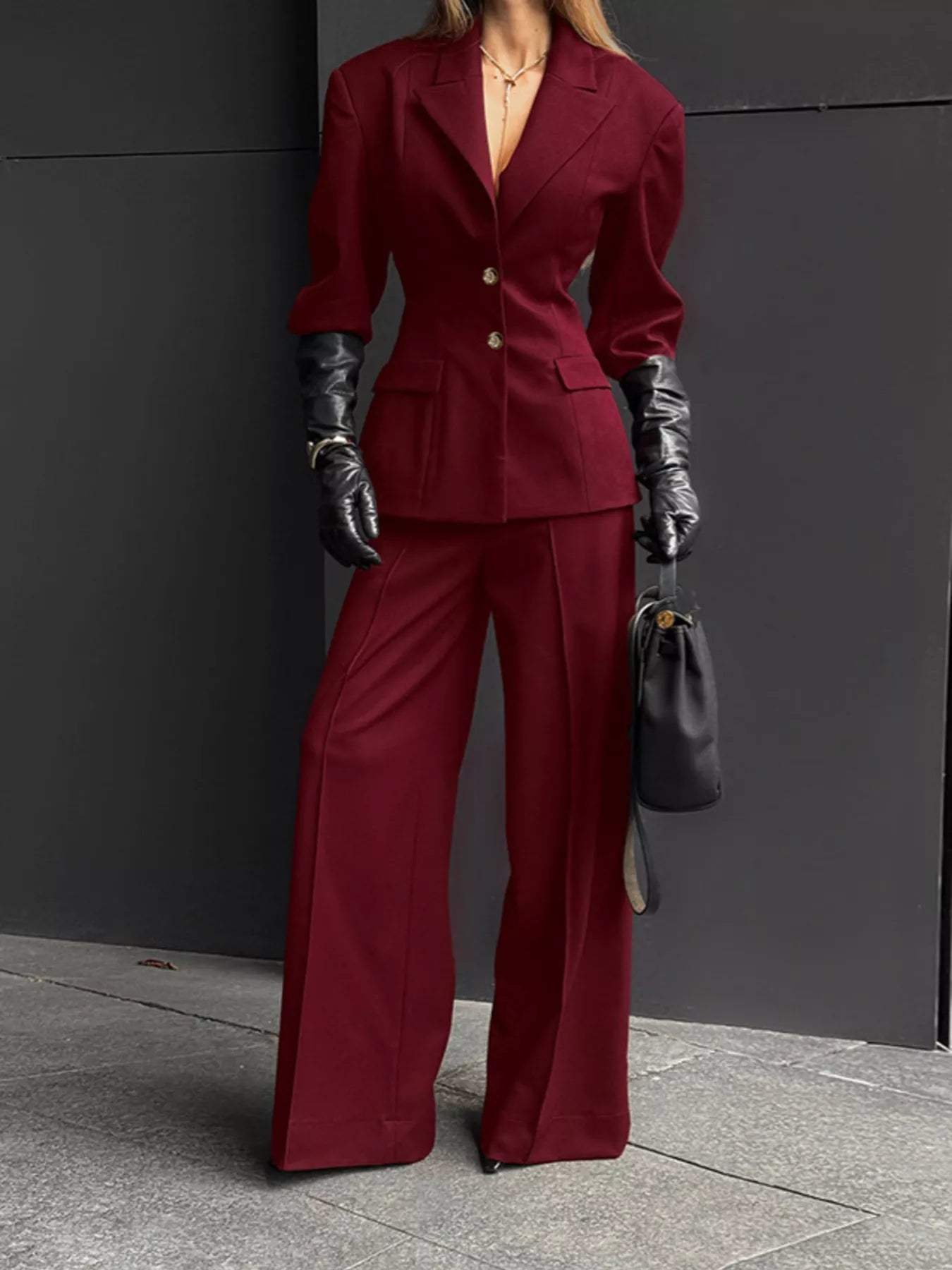 Single-Breasted Blazer and Wide-Leg Pants Set - Trendsi - Flyclothing LLC