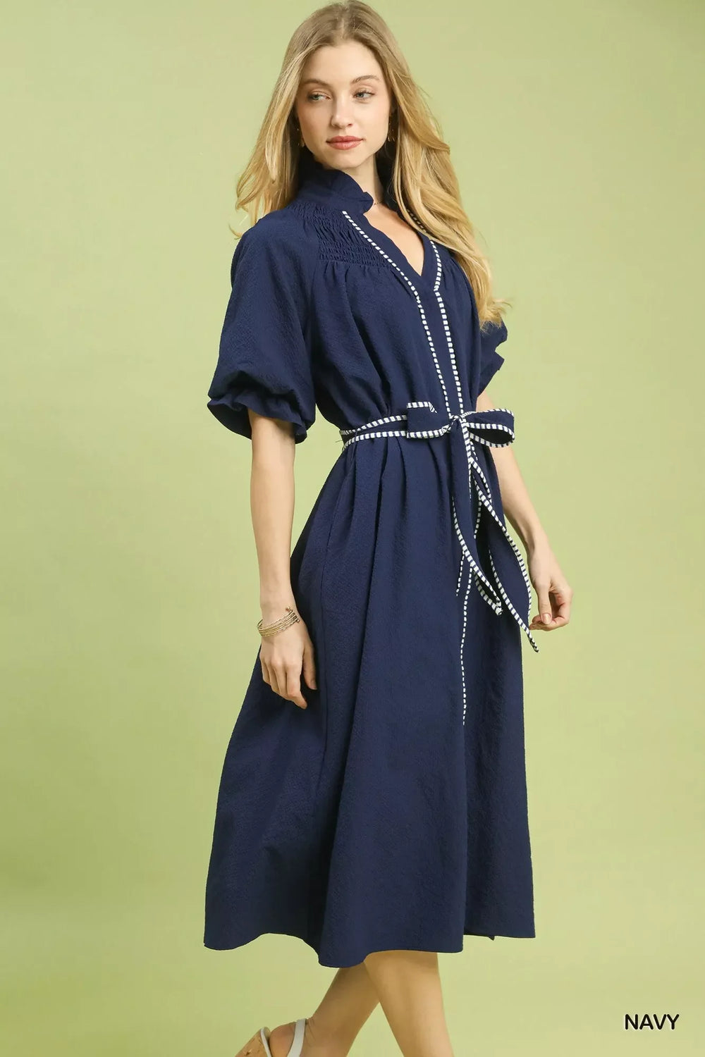 Umgee Ruffle Collar Midi Dress with Stripe Trim - Trendsi - Flyclothing LLC