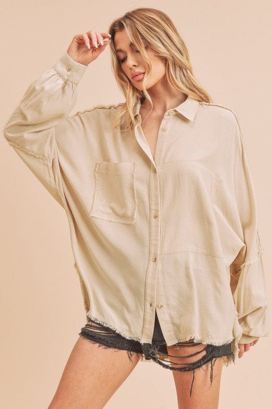 Aemi + Co Raw Edge Exposed Seam Collared Neck Long Sleeve Shirt - Trendsi