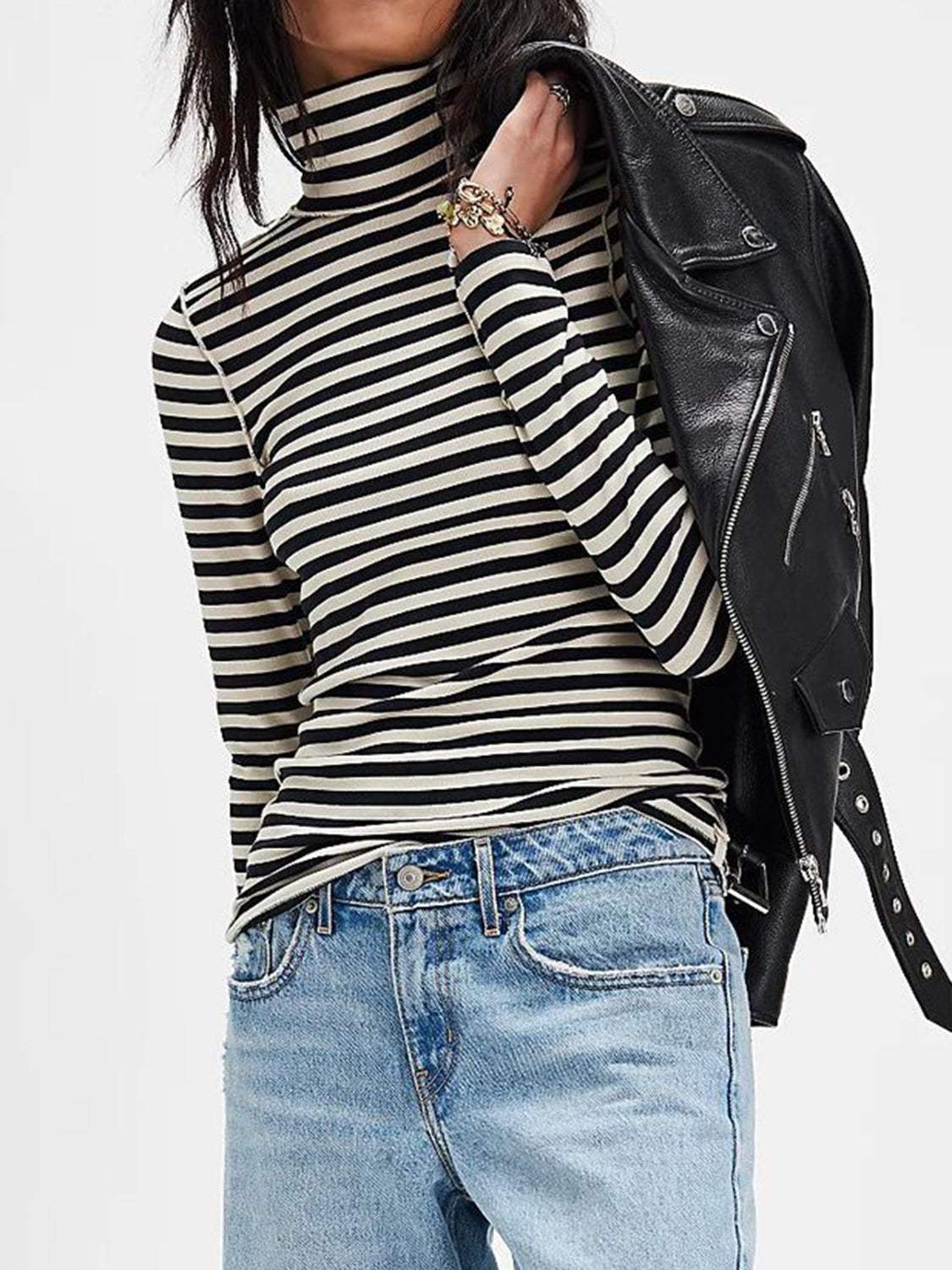 Exposed Seam Striped Turtleneck Long Sleeve T-Shirt - Trendsi - Flyclothing LLC