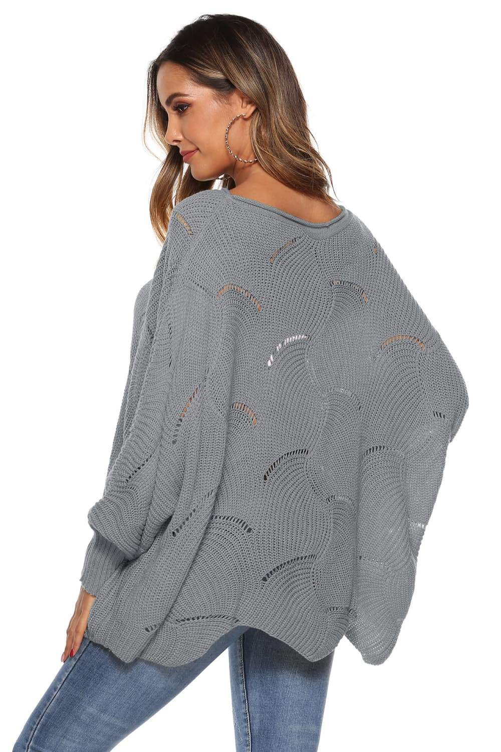 Round Neck Long Sleeve Openwork Sweater - Trendsi - Flyclothing LLC