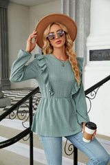 Round Neck Ruffled Peplum Blouse - Trendsi - Flyclothing LLC