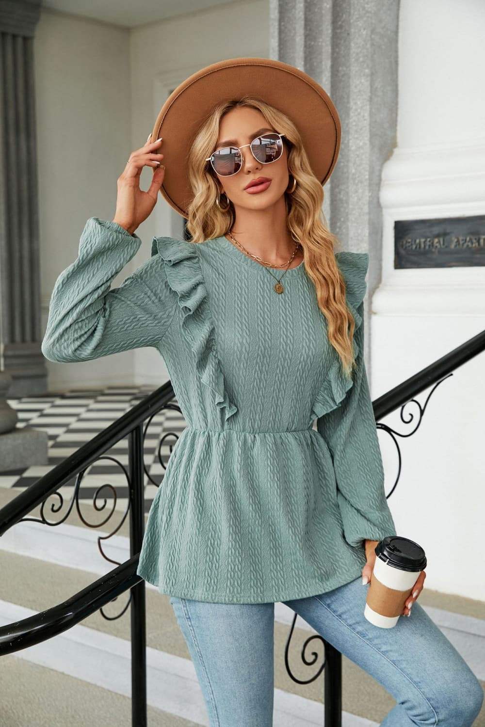 Round Neck Ruffled Peplum Blouse - Trendsi - Flyclothing LLC