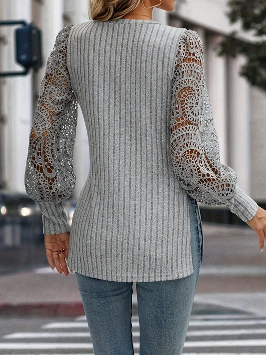 Slit Round Neck Lace Long Sleeve T-Shirt - Trendsi