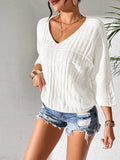 V-Neck Three-Quarter Sleeve Knit Top - Trendsi - Flyclothing LLC