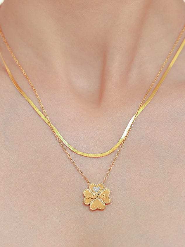 2 Piece 18K Gold-Plated Inlaid Zircon Lucky Clover Necklace - Trendsi - Flyclothing LLC