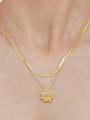 2 Piece 18K Gold-Plated Inlaid Zircon Lucky Clover Necklace - Trendsi