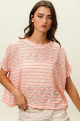 BiBi Braid Striped Short Sleeve Round Neck T-Shirt - Trendsi - Flyclothing LLC
