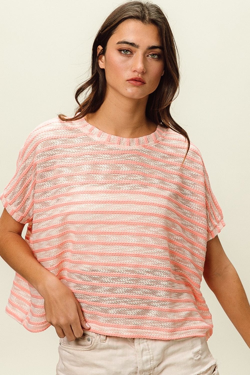 BiBi Braid Striped Short Sleeve Round Neck T-Shirt - Trendsi