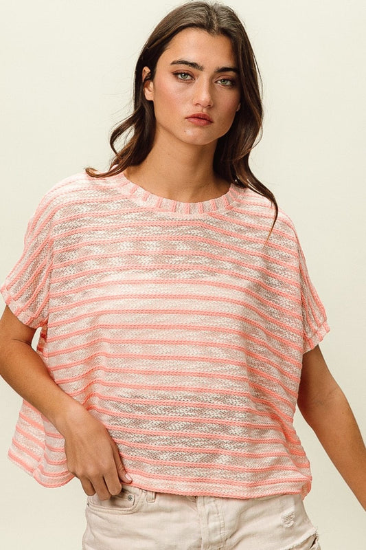BiBi Braid Striped Short Sleeve Round Neck T-Shirt - Trendsi