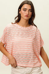 BiBi Braid Striped Short Sleeve Round Neck T-Shirt - Trendsi