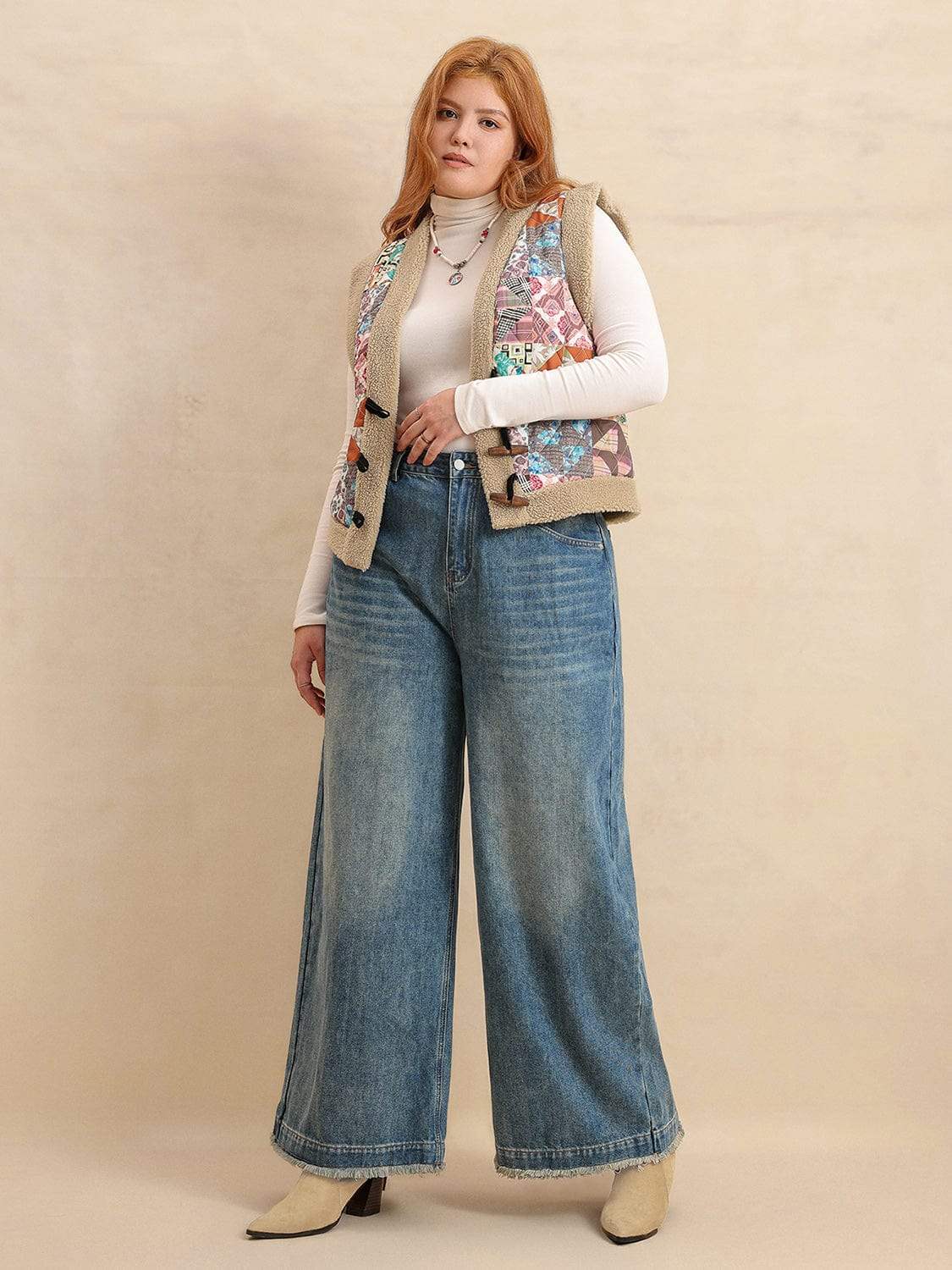 Plus Size Printed Sherpa Vest Coat - Trendsi - Flyclothing LLC