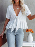 Tied Plunge Short Sleeve Blouse - Trendsi