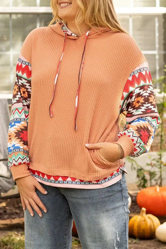 Plus Size Drawstring Geometric Long Sleeve Hoodie - Trendsi - Flyclothing LLC