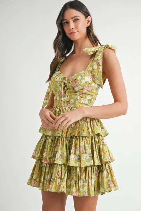 MABLE Floral Print Shoulder Tie Layered Mini Dress - Trendsi - Flyclothing LLC
