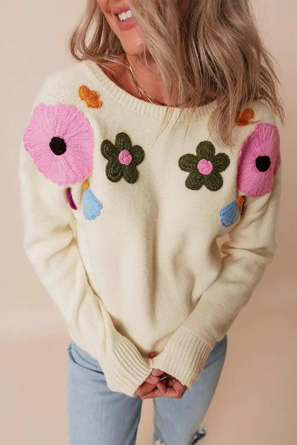 Crochet Flower Round Neck Dropped Shoulder Sweater - Trendsi - Flyclothing LLC
