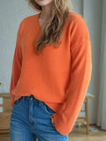V-Neck Dropped Shoulder Long Sleeve Sweater - Trendsi - Flyclothing LLC