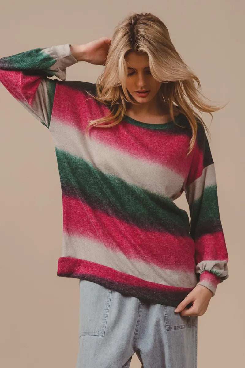 BiBi Striped Gradation Print Knit Top - Trendsi - Flyclothing LLC