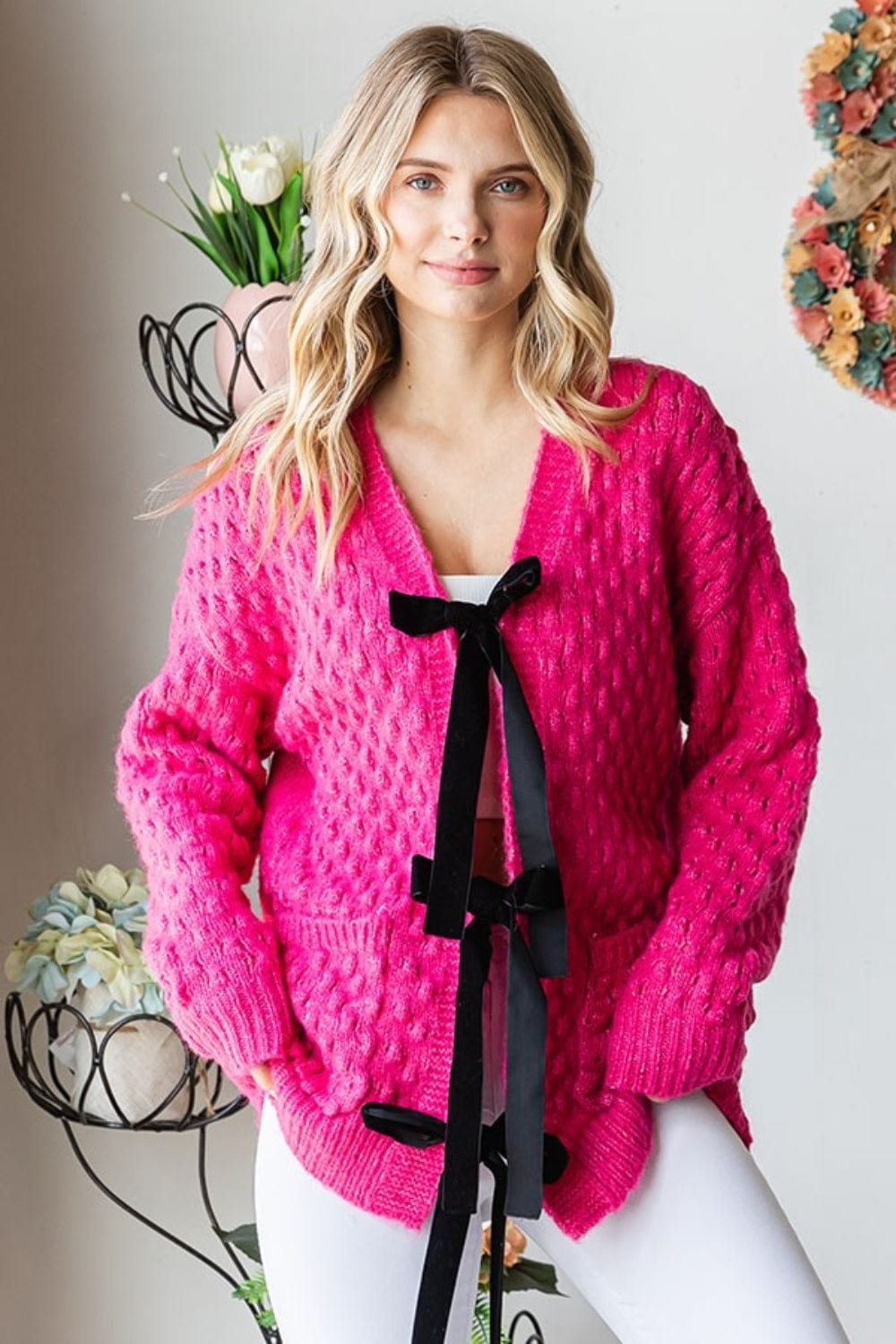 First Love Tie Closure Open Knit Cardigan - Trendsi