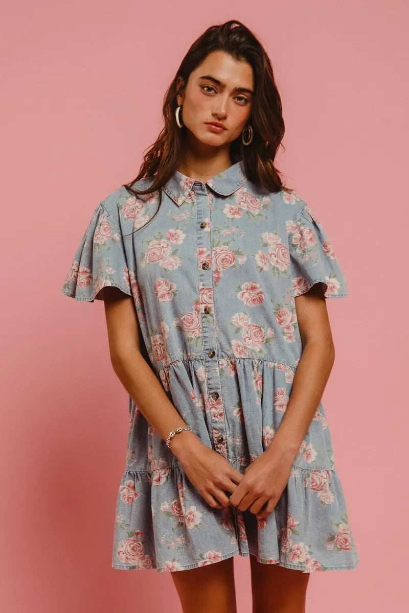 BiBi Floral Print Washed Lightweight Tiered Shirt Dress - Trendsi - Flyclothing LLC
