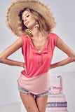 BiBi Color Block Contrast Stitching Buttoned Henley Top - Trendsi