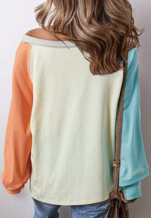 Color Block Round Neck Long Sleeve T-Shirt - Trendsi - Flyclothing LLC