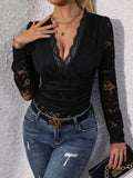 Lace Plunge Long Sleeve Bodysuit - Trendsi