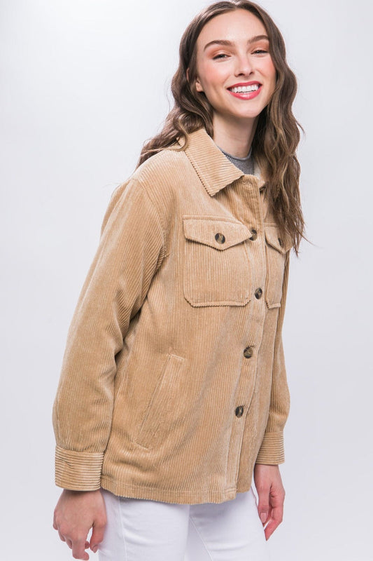 Love Tree Corduroy Button Up Jacket with Sherpa Inside - Trendsi