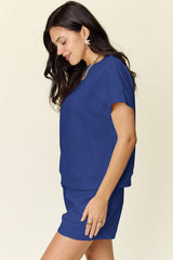 Double Take Full Size Texture Short Sleeve T-Shirt and Drawstring Shorts Set - Trendsi - Flyclothing LLC