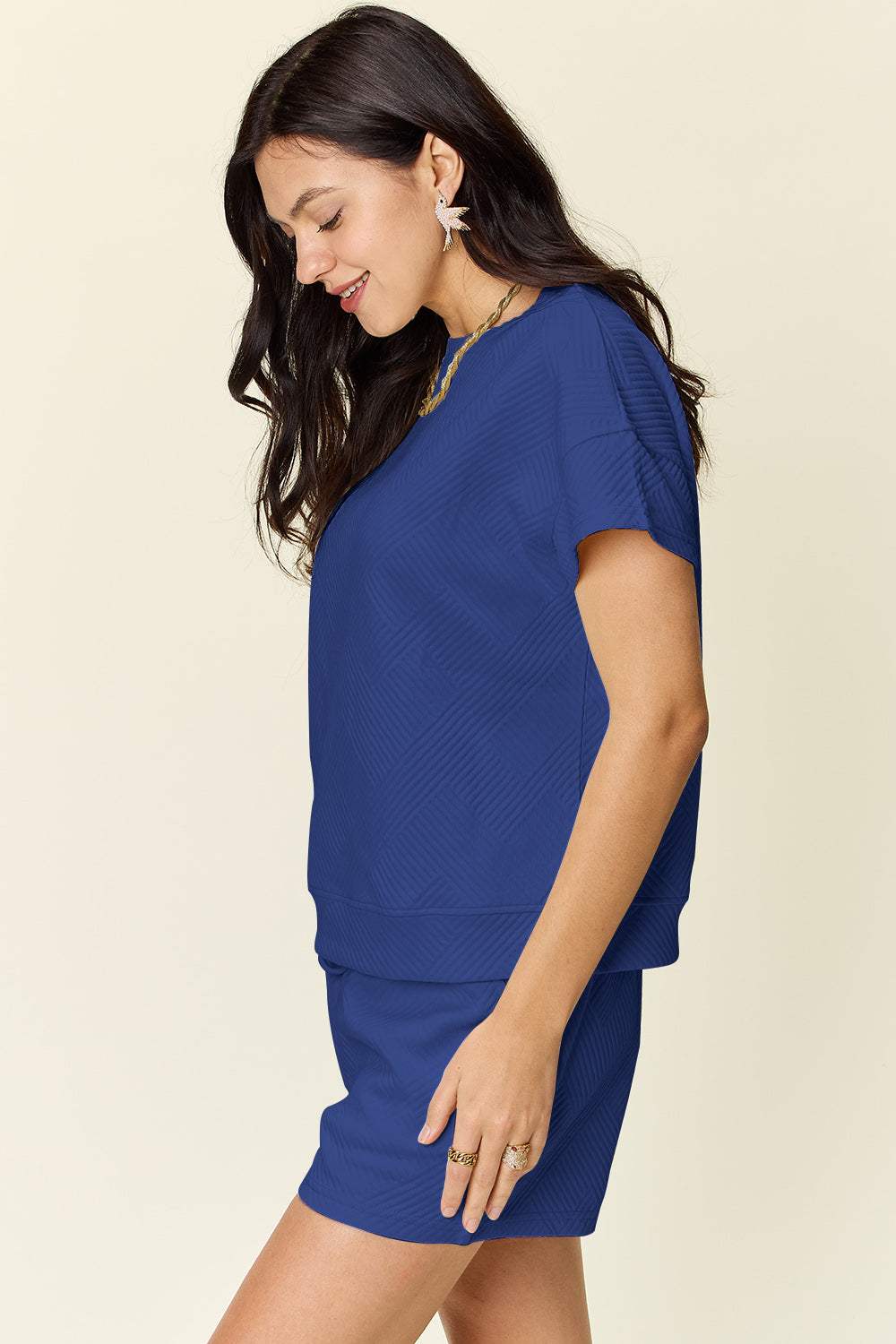Double Take Full Size Texture Short Sleeve T-Shirt and Drawstring Shorts Set - Trendsi - Flyclothing LLC