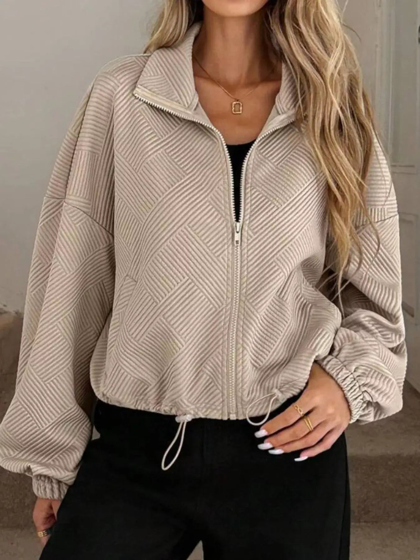 Textured Zip-Up Drawstring Hem Jacket - Trendsi - Flyclothing LLC