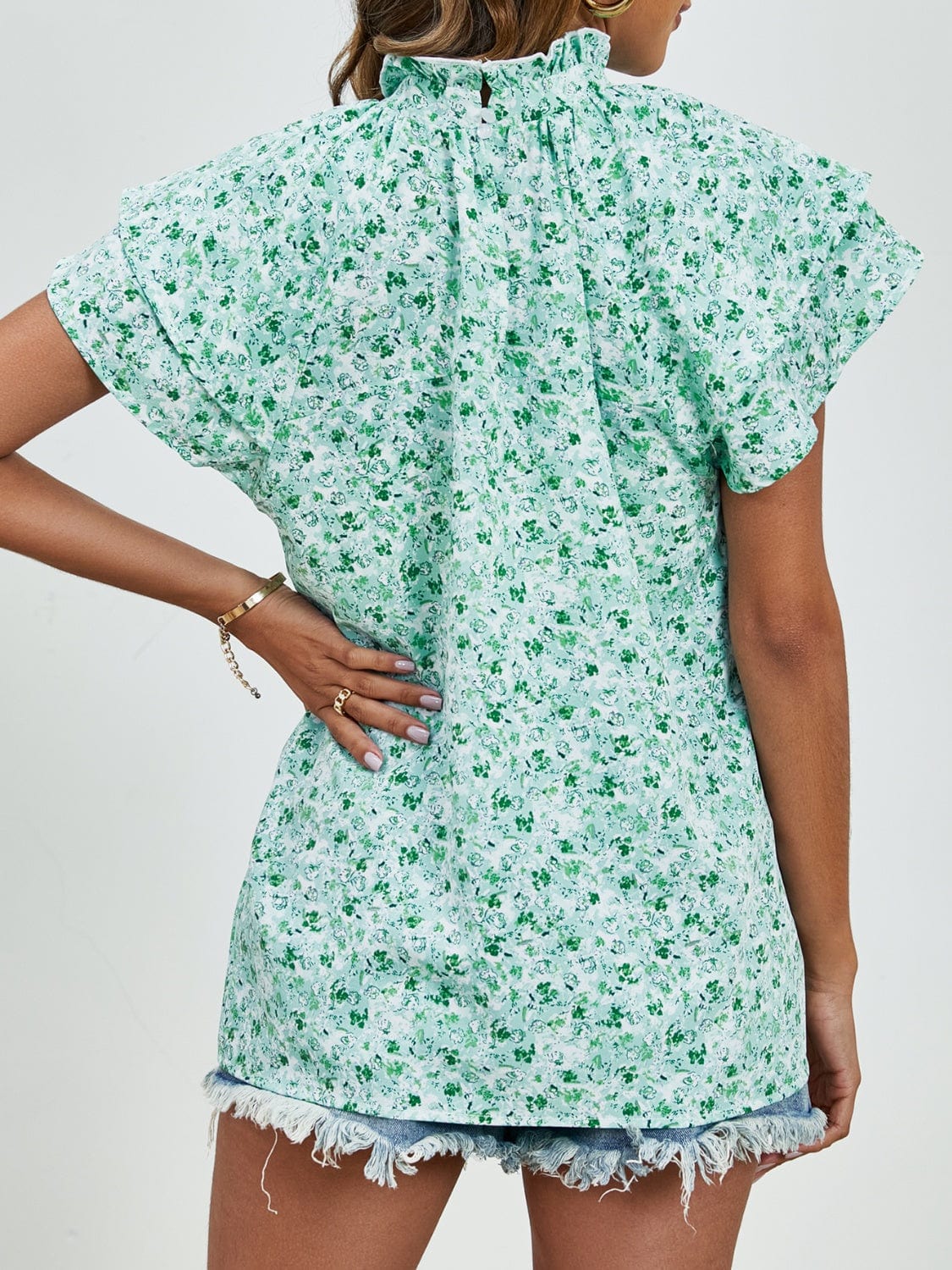 Ditsy Floral Mock Neck Flounce Sleeve Blouse - Trendsi