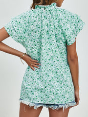 Ditsy Floral Mock Neck Flounce Sleeve Blouse - Trendsi