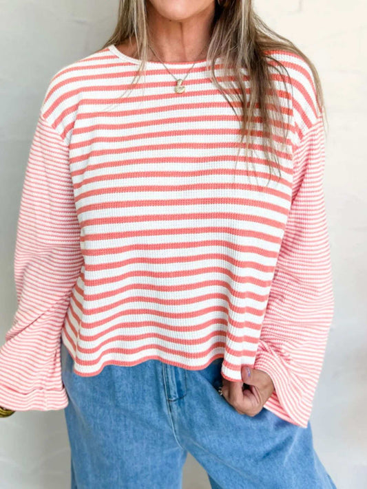 Striped Long Sleeve Ribbed Blouse - Trendsi - Flyclothing LLC
