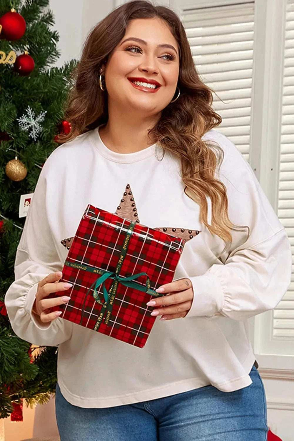Plus Size Studded Star Round Neck Long Sleeve Blouse - Trendsi - Flyclothing LLC