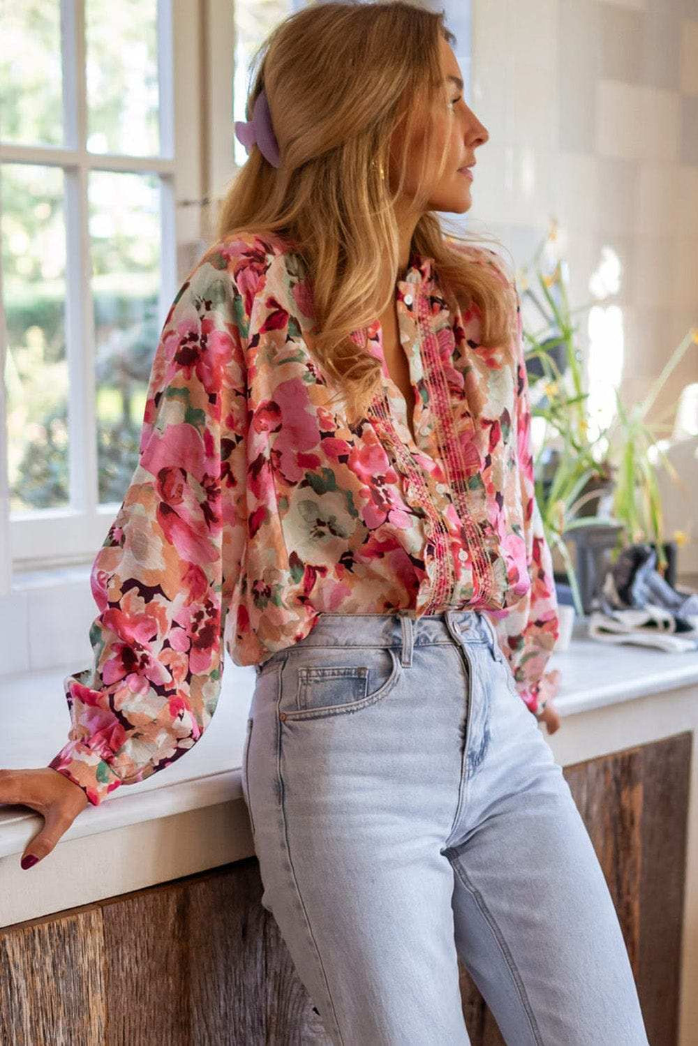 Frill Floral Button Down Long Sleeve Shirt - Trendsi - Flyclothing LLC