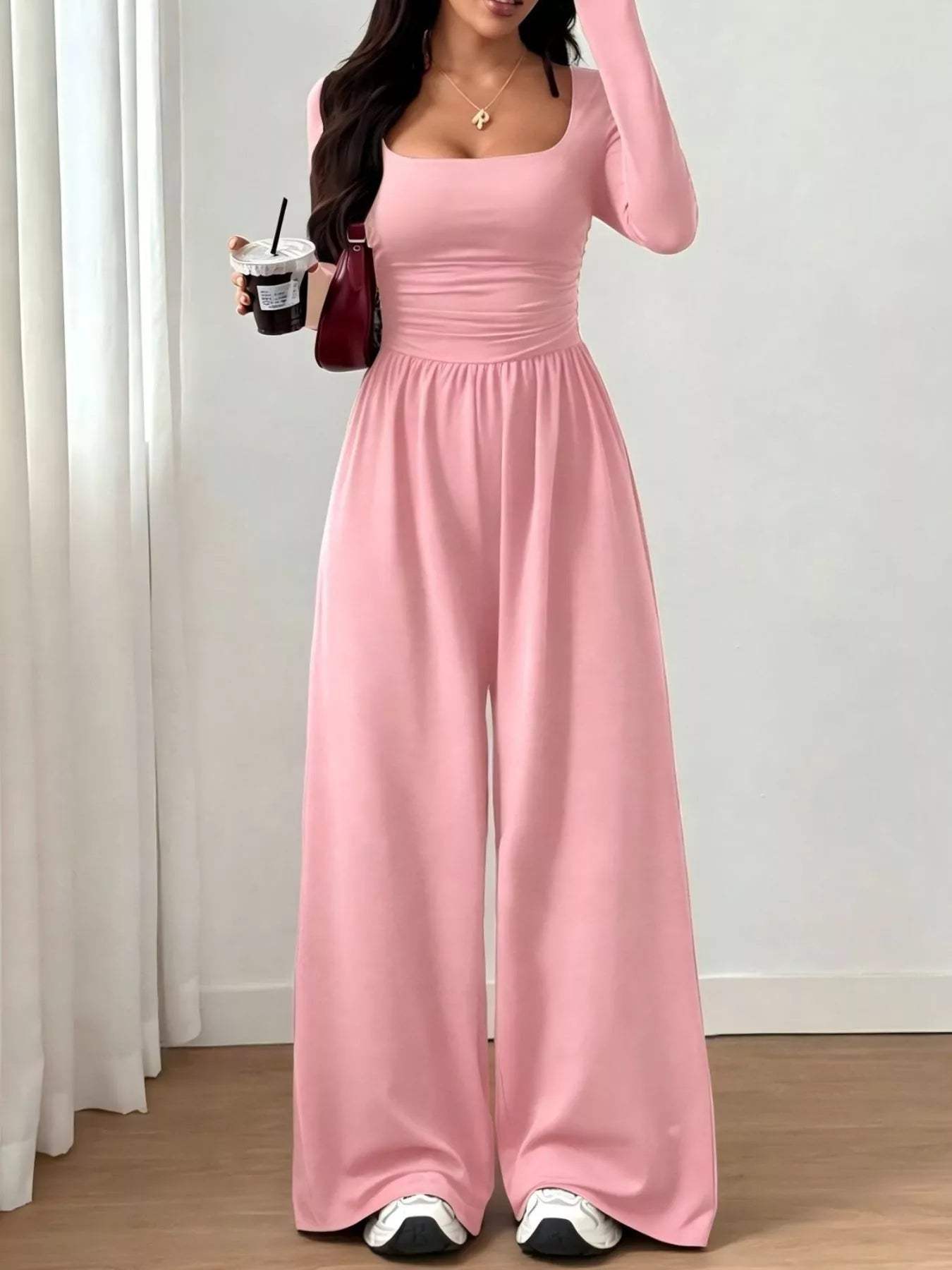 Ruched Square Neck Wide-Leg Jumpsuit - Trendsi - Flyclothing LLC