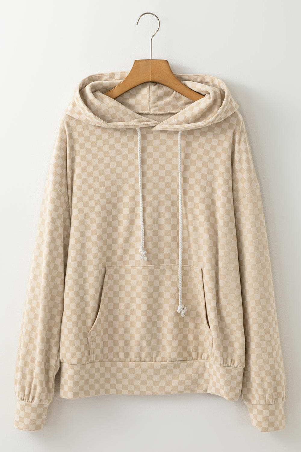 Checkered Print Kangaroo Pocket Drawstring Hoodie - Trendsi - Flyclothing LLC