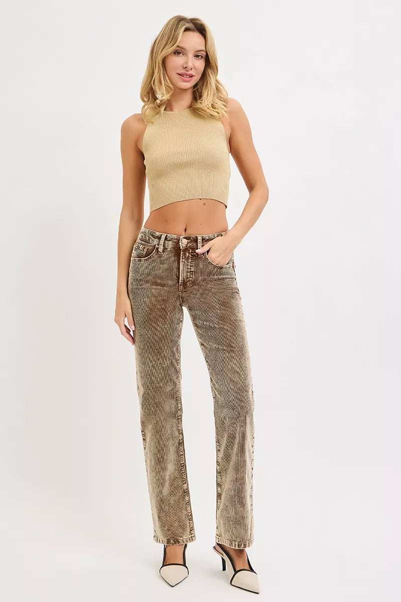 RISEN Tummy Control Mid Rise Straight Leg Corduroy Pants - Trendsi - Flyclothing LLC