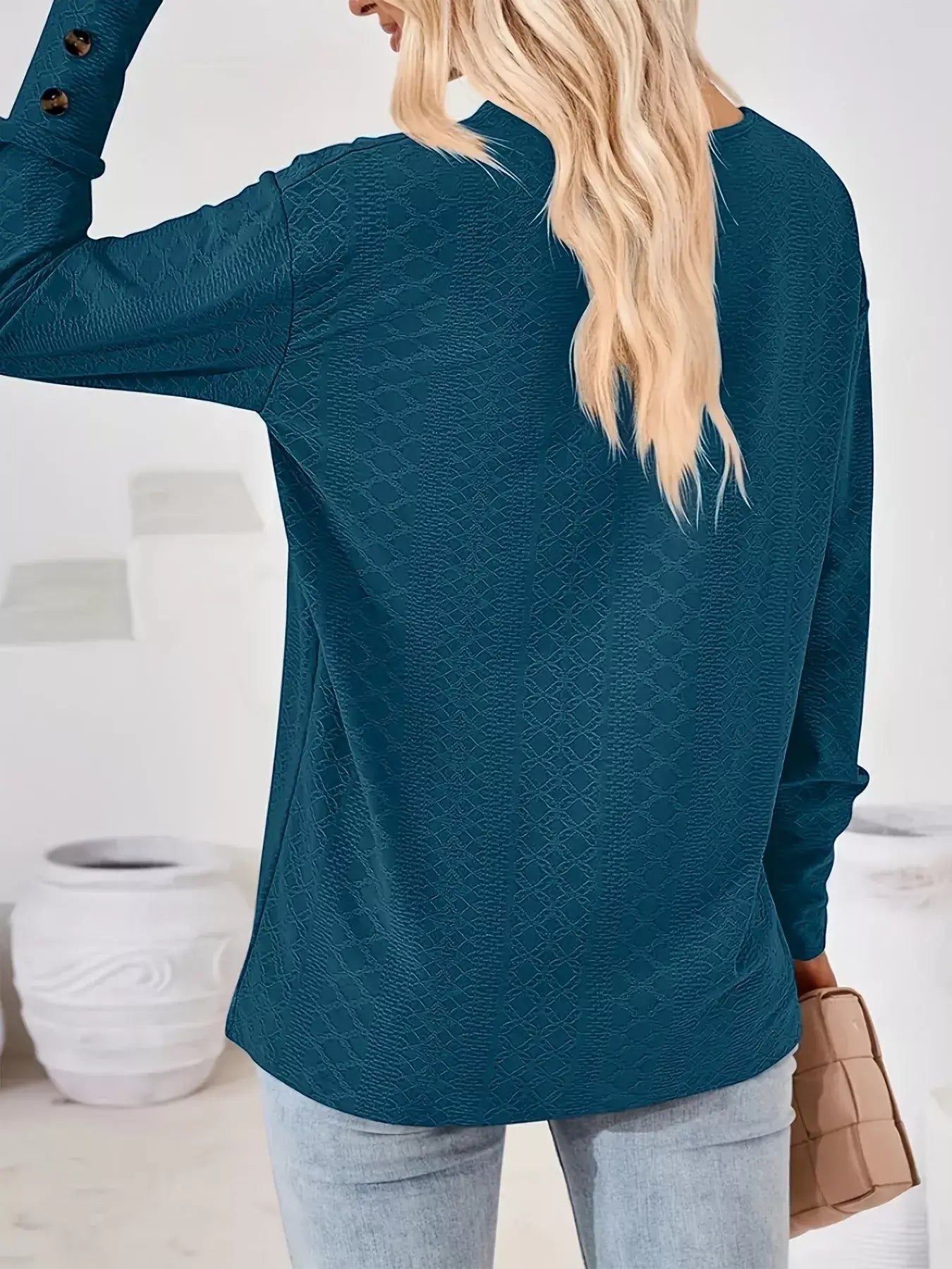 Plus Size V-Neck Textured Long Sleeve T-Shirt - Trendsi - Flyclothing LLC