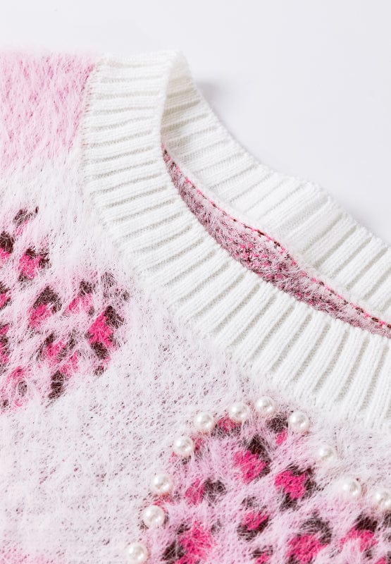 Pearl Detail Heart Round Neck Sweater - Trendsi