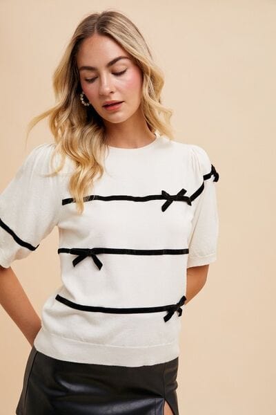 Annie Wear Striped Bow Round Neck Knit Top - Trendsi