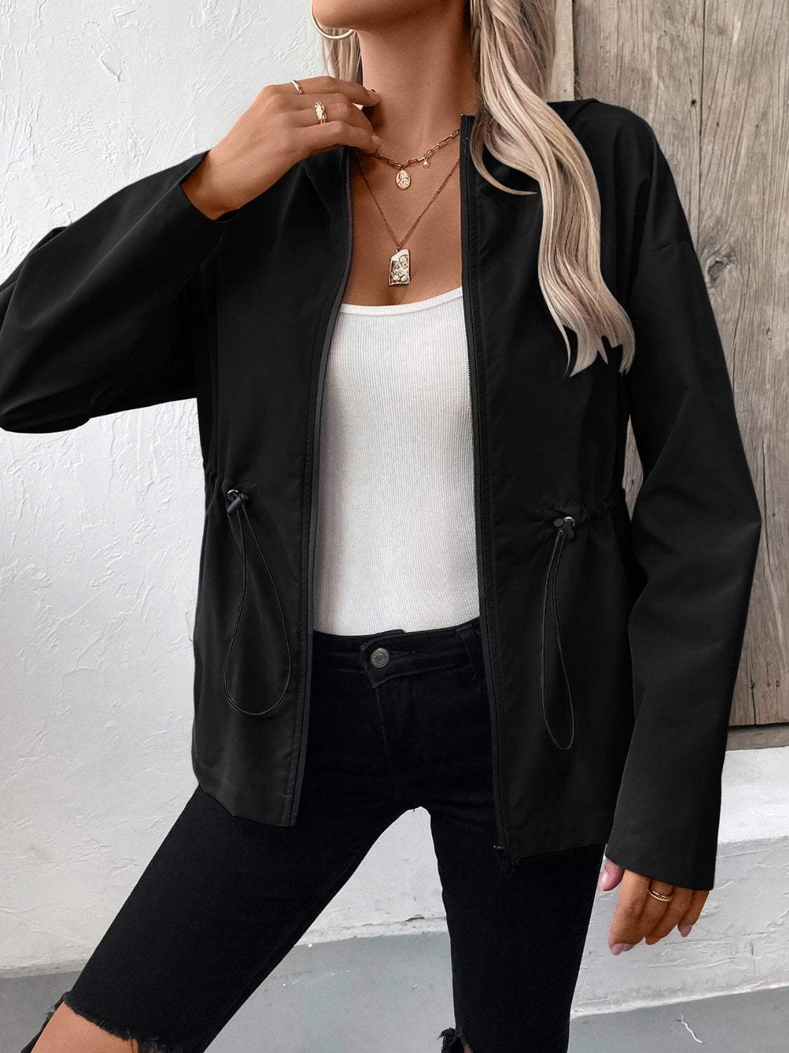 Drawstring Zip Up Hooded Jacket - Trendsi - Flyclothing LLC