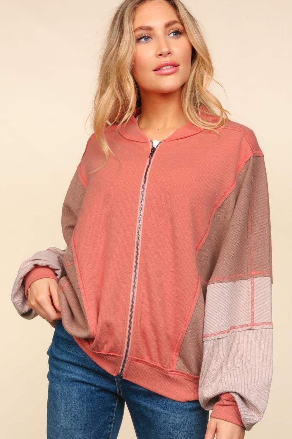 Haptics Zip Up Color Block Bomber Jacket with Side Pockets - Trendsi - Flyclothing LLC