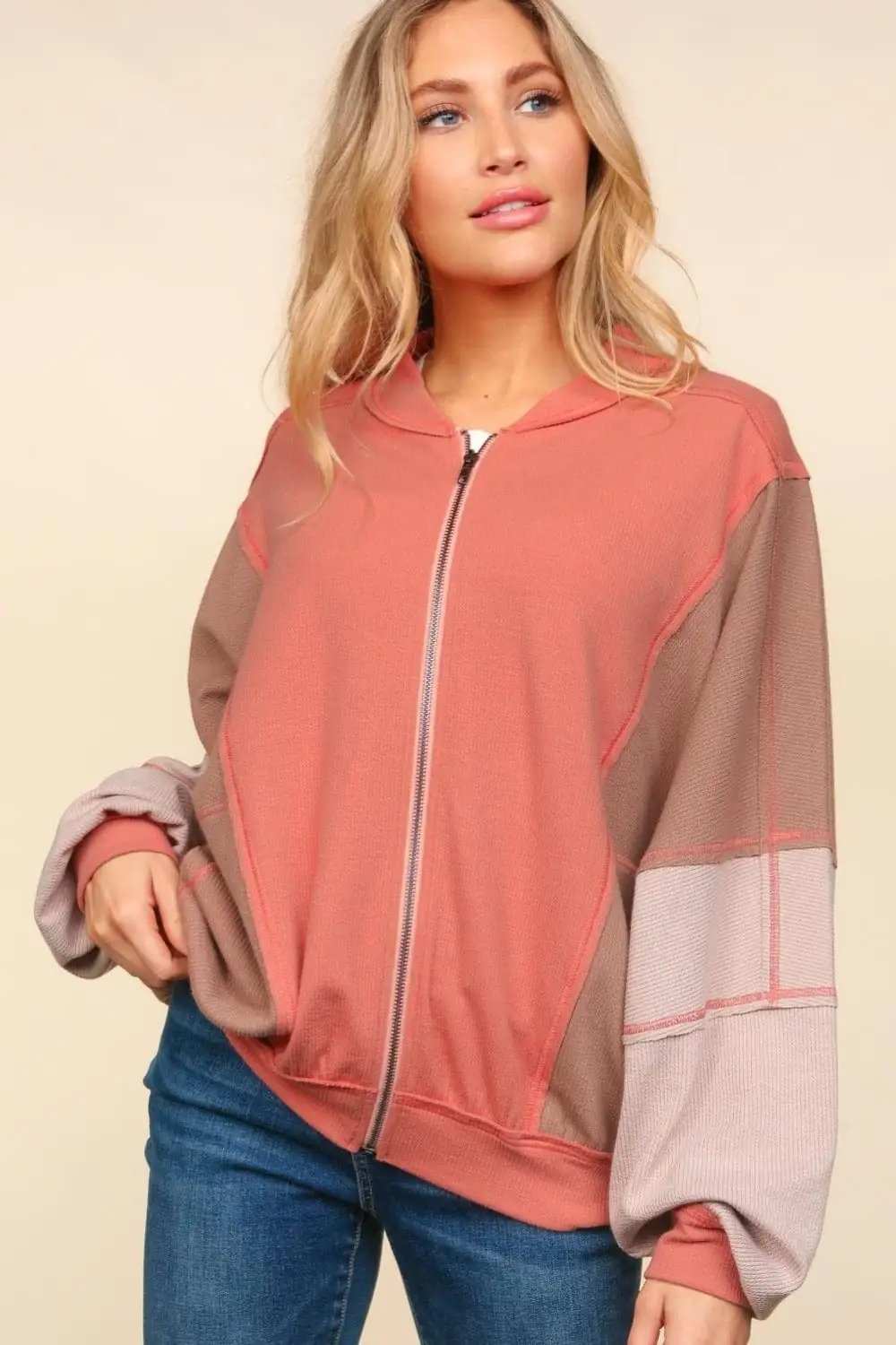 Haptics Zip Up Color Block Bomber Jacket with Side Pockets - Trendsi - Flyclothing LLC