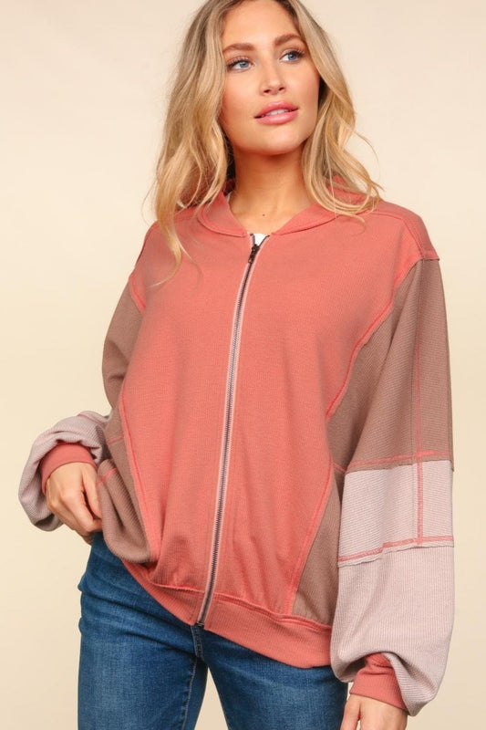 Haptics Zip Up Color Block Bomber Jacket with Side Pockets - Trendsi